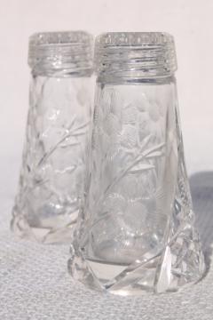 catalog photo of cut etched crystal salt and pepper shakers w/ glass lids, vintage S&P set