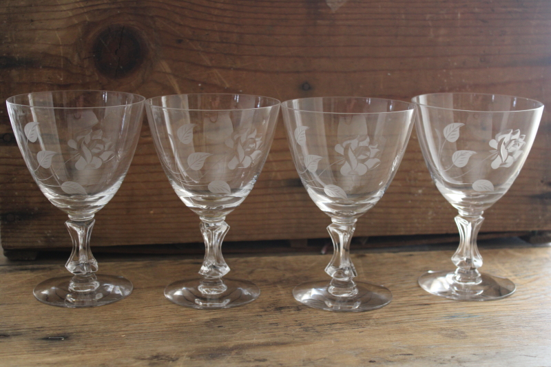 photo of cut rose vintage Tiffin glass water goblets or wine glasses, mid century modern #1