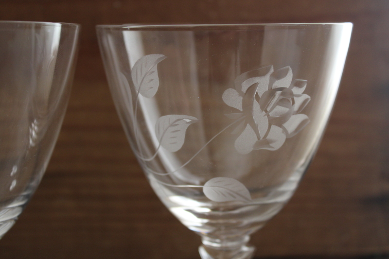 photo of cut rose vintage Tiffin glass water goblets or wine glasses, mid century modern #3