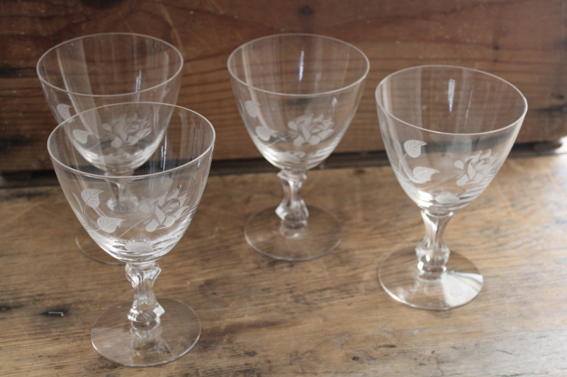 photo of cut rose vintage Tiffin glass water goblets or wine glasses, mid century modern #5