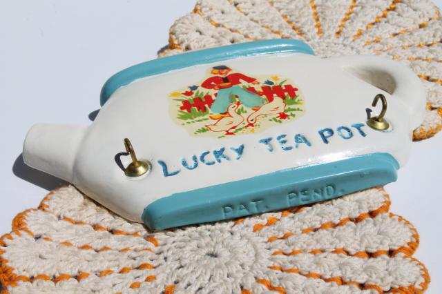photo of cute Lucky Teapot vintage chalkware wall plaque potholder rack & crochet potholders #7
