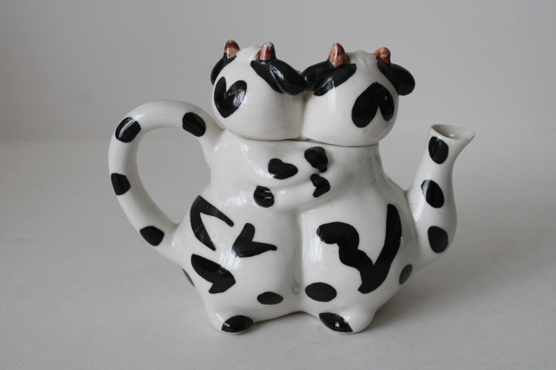 photo of cute cow couple huggy cows mini teapot hand painted ceramic holsteins  #2