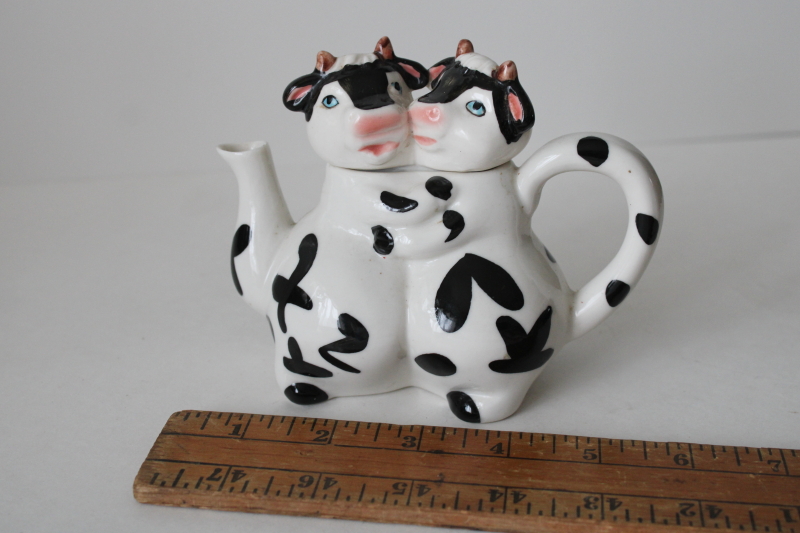 photo of cute cow couple huggy cows mini teapot hand painted ceramic holsteins  #6