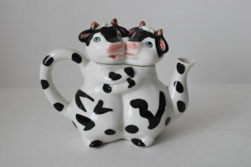 catalog photo of cute cow couple huggy cows mini teapot hand painted ceramic holsteins 