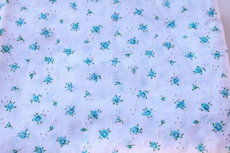 photo of cute retro vintage fabric, girly blue & white floral on embroidered cotton eyelet #1