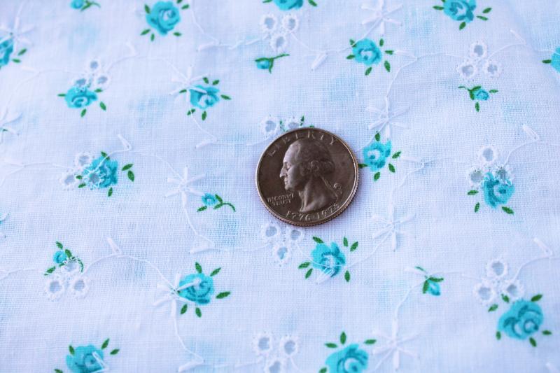 photo of cute retro vintage fabric, girly blue & white floral on embroidered cotton eyelet #2