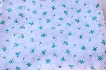 cute retro vintage fabric, girly blue & white floral on embroidered cotton eyelet