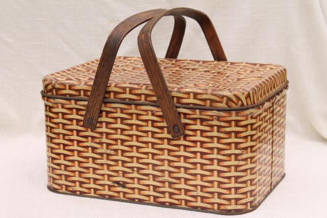 photo of cute vintage tin picnic hamper w/ wood handles, wicker basket weave print litho #1