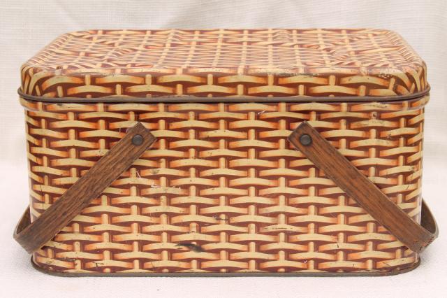 photo of cute vintage tin picnic hamper w/ wood handles, wicker basket weave print litho #2