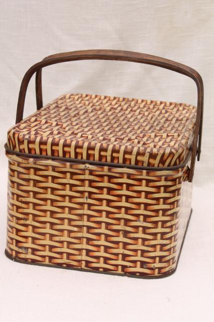 photo of cute vintage tin picnic hamper w/ wood handles, wicker basket weave print litho #3