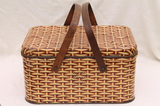 photo of cute vintage tin picnic hamper w/ wood handles, wicker basket weave print litho #4