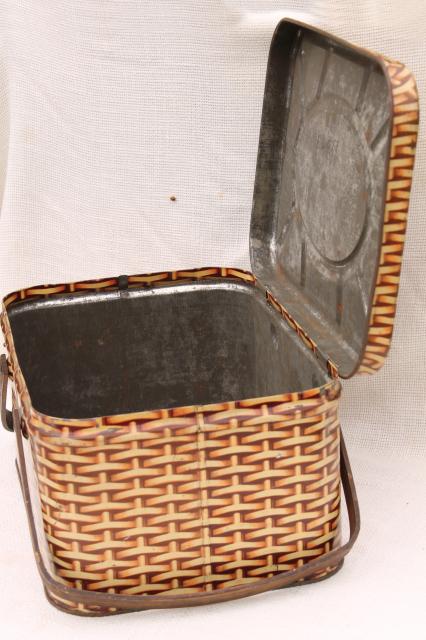 photo of cute vintage tin picnic hamper w/ wood handles, wicker basket weave print litho #5