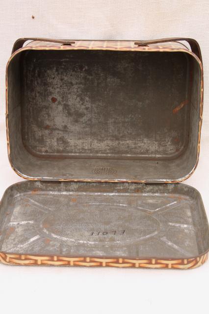 photo of cute vintage tin picnic hamper w/ wood handles, wicker basket weave print litho #6