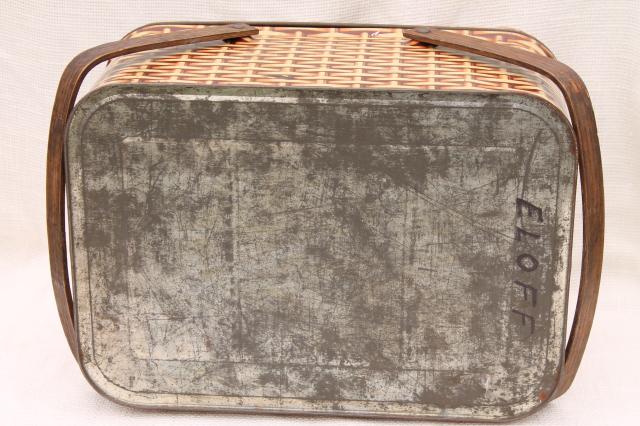 photo of cute vintage tin picnic hamper w/ wood handles, wicker basket weave print litho #8