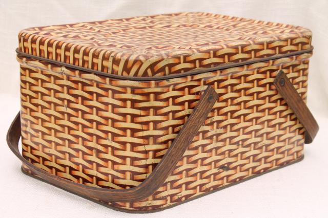 photo of cute vintage tin picnic hamper w/ wood handles, wicker basket weave print litho #9