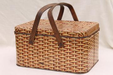 catalog photo of cute vintage tin picnic hamper w/ wood handles, wicker basket weave print litho