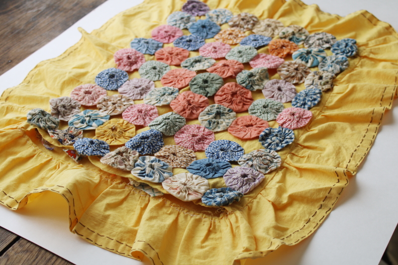 photo of cutesy vintage pillow sham, ruffled edge & colorful print yoyo circles on butter yellow cotton  #2