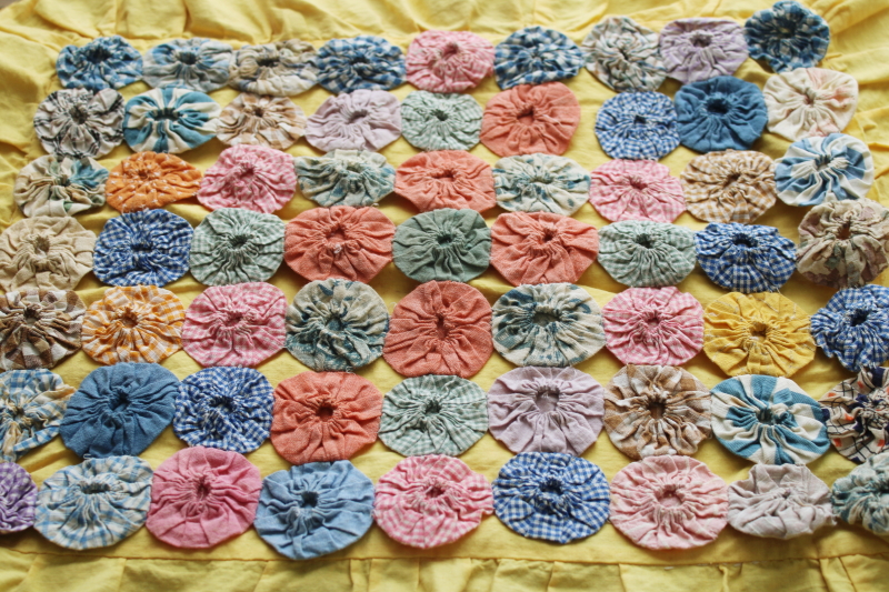 photo of cutesy vintage pillow sham, ruffled edge & colorful print yoyo circles on butter yellow cotton  #3
