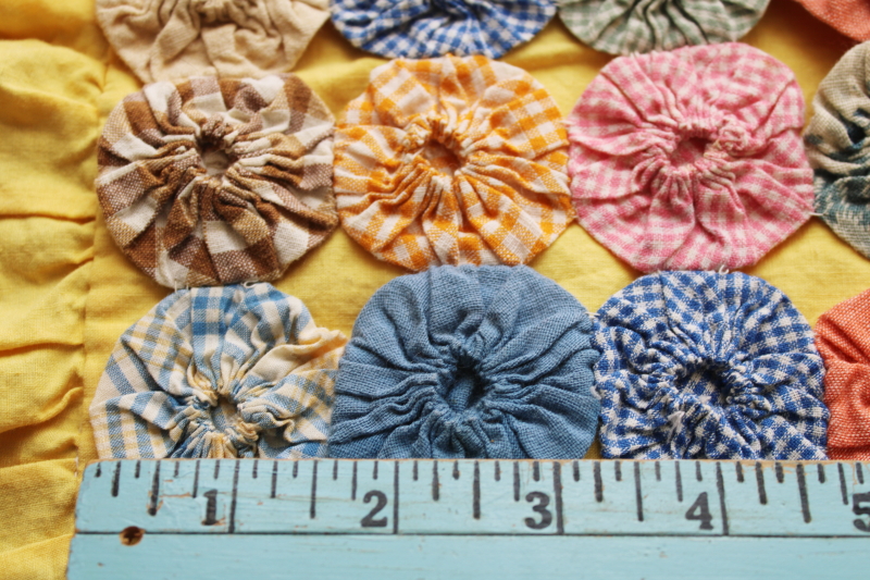 photo of cutesy vintage pillow sham, ruffled edge & colorful print yoyo circles on butter yellow cotton  #4