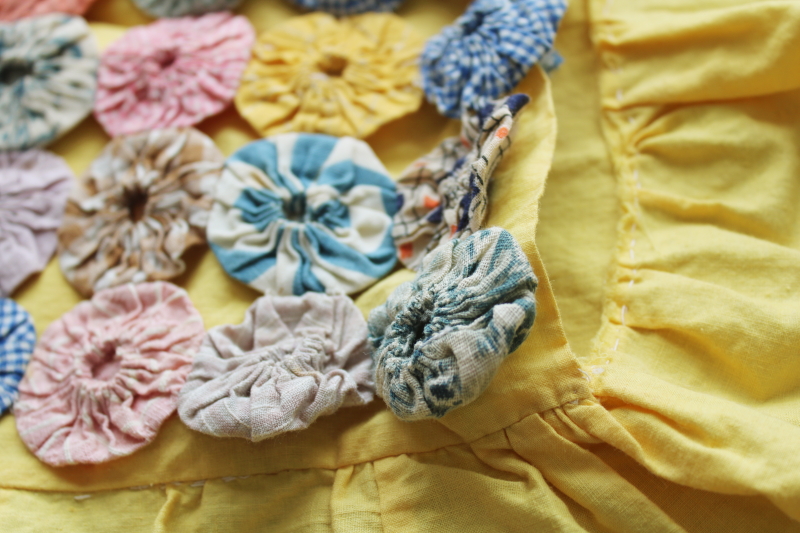 photo of cutesy vintage pillow sham, ruffled edge & colorful print yoyo circles on butter yellow cotton  #6