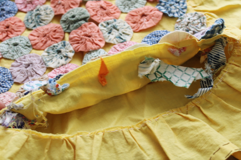 photo of cutesy vintage pillow sham, ruffled edge & colorful print yoyo circles on butter yellow cotton  #7