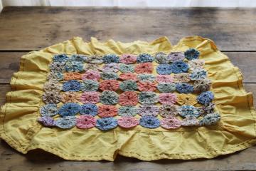 cutesy vintage pillow sham, ruffled edge & colorful print yoyo circles on butter yellow cotton 