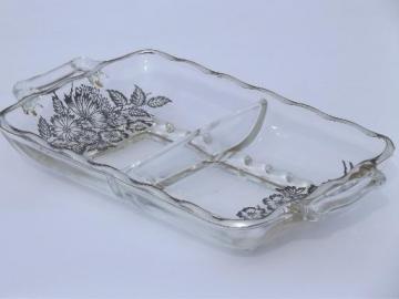 catalog photo of daisy aster silver overlay glass, divided pickle dish vintage 1950s