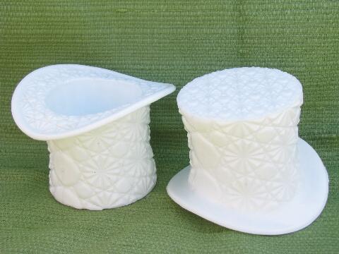 photo of daisy & button pattern vintage milk glass hats, large top hat vases #1