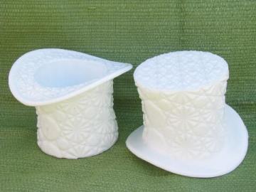 catalog photo of daisy & button pattern vintage milk glass hats, large top hat vases