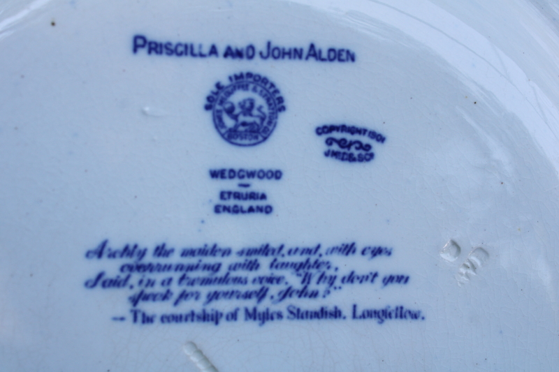 photo of dated 1901 Wedgwood antique flow blue & white china plate Priscilla & John Alden  #4