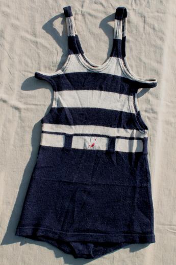 photo of dated 1920s vintage wool swimsuit, nautical striped bathing suit, flapper era Jantzen swimming suit #1