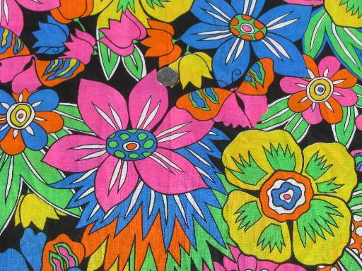 photo of day-glo bright neon flowers on black, 80s retro vintage cotton fabric #1