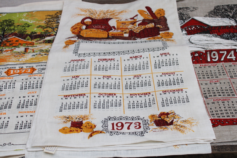 photo of deadstock 70s vintage calendar towels, 1973 & 1974 grandmacore kitchen prints pure linen tea towels lot  #1