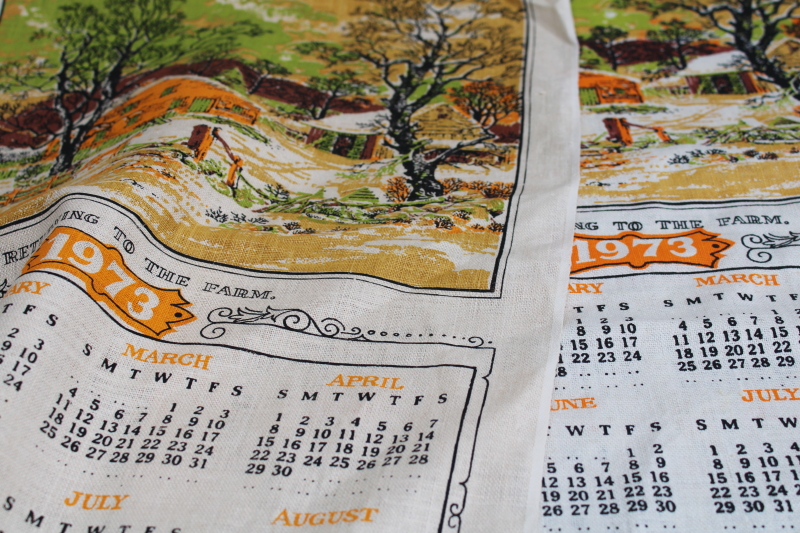 photo of deadstock 70s vintage calendar towels, 1973 & 1974 grandmacore kitchen prints pure linen tea towels lot  #5