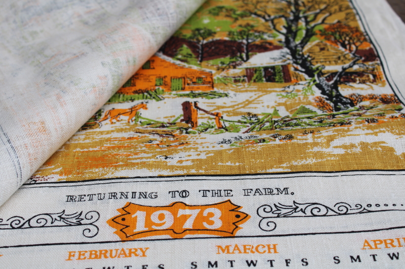 photo of deadstock 70s vintage calendar towels, 1973 & 1974 grandmacore kitchen prints pure linen tea towels lot  #9
