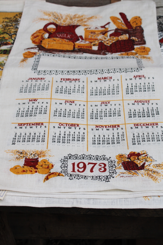 photo of deadstock 70s vintage calendar towels, 1973 & 1974 grandmacore kitchen prints pure linen tea towels lot  #10