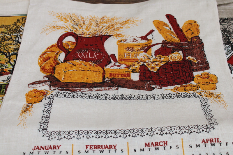photo of deadstock 70s vintage calendar towels, 1973 & 1974 grandmacore kitchen prints pure linen tea towels lot  #11
