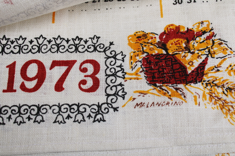 photo of deadstock 70s vintage calendar towels, 1973 & 1974 grandmacore kitchen prints pure linen tea towels lot  #12