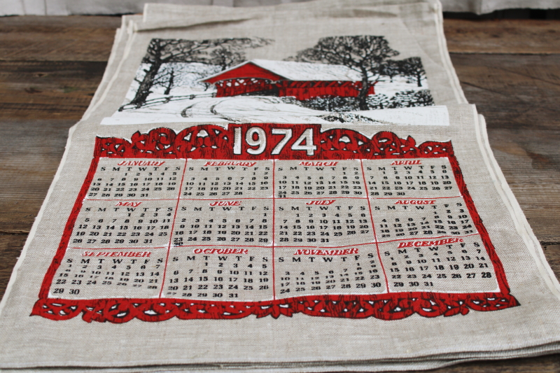 photo of deadstock 70s vintage calendar towels, 1973 & 1974 grandmacore kitchen prints pure linen tea towels lot  #16
