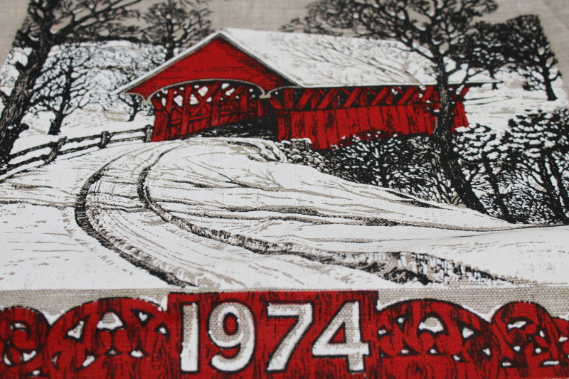 photo of deadstock 70s vintage calendar towels, 1973 & 1974 grandmacore kitchen prints pure linen tea towels lot  #17