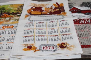 deadstock 70s vintage calendar towels, 1973 & 1974 grandmacore kitchen prints pure linen tea towels lot 