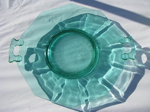 photo of decagon pattern vintage depression green glass cake plate w/ handles #1