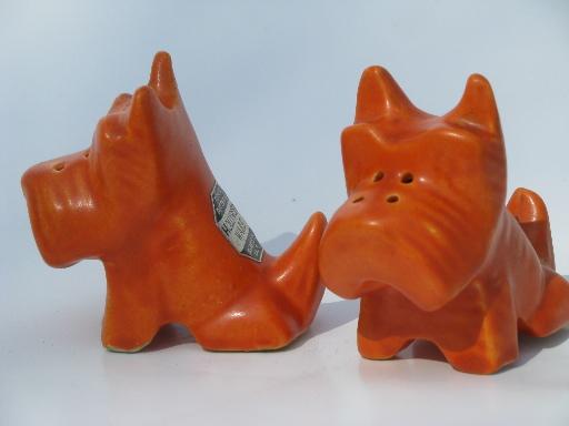 photo of deco Scotty dog S&P shakers, matte glaze fiesta orange Hollywood Ware pottery #1