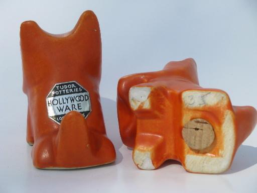 photo of deco Scotty dog S&P shakers, matte glaze fiesta orange Hollywood Ware pottery #3