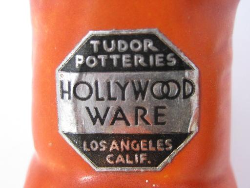 photo of deco Scotty dog S&P shakers, matte glaze fiesta orange Hollywood Ware pottery #4