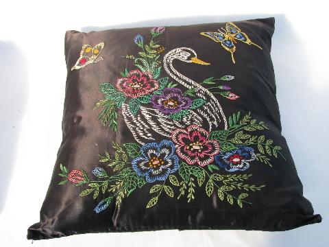 photo of deco boudoir pillow, swan embroidery on black satin #1