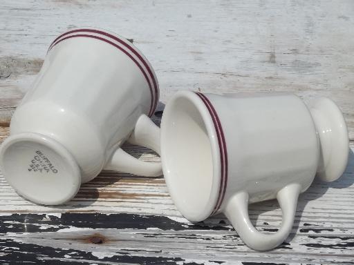 photo of deco ironstone coffee cups,vintage Buffalo china footed mugs white w/ wine bands #3