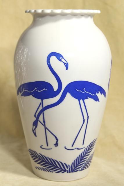 photo of deco mid-century vintage flamingo birds vase, Anchor Hocking milk glass blue & white #1