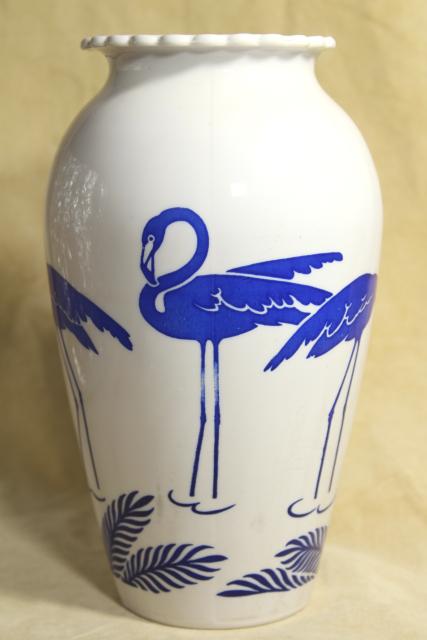 photo of deco mid-century vintage flamingo birds vase, Anchor Hocking milk glass blue & white #2