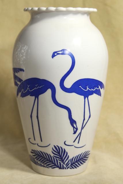 photo of deco mid-century vintage flamingo birds vase, Anchor Hocking milk glass blue & white #3